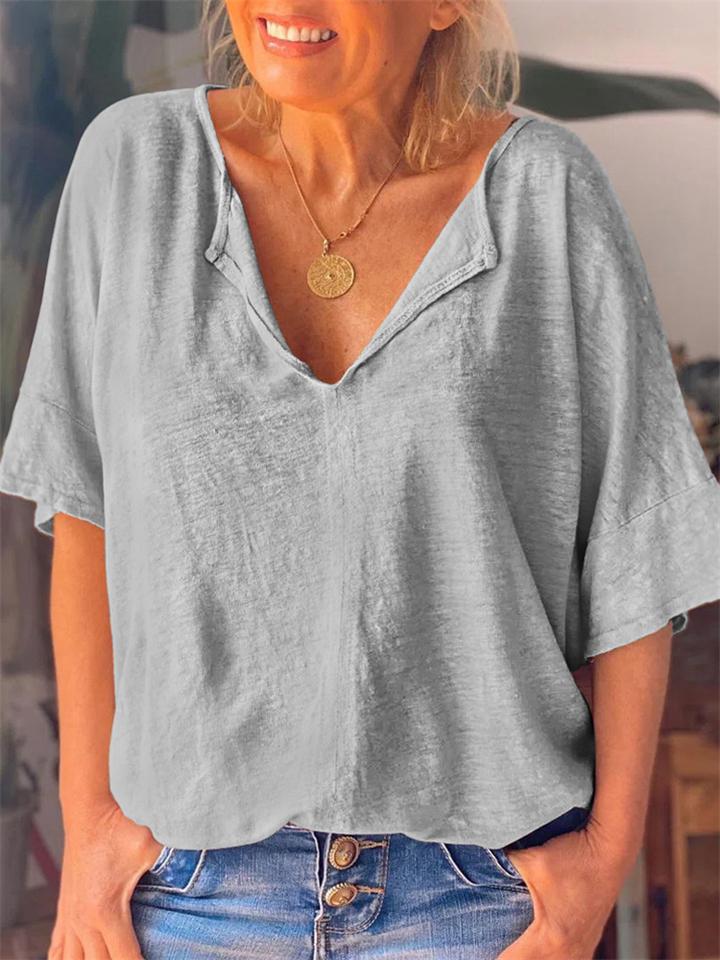 Casual Short Sleeve Loose Cotton V-Neck T-Shirt Shopvhs.com