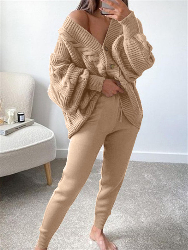 Casual Simple Buttons-Up Solid Color V-Neck Sweater Outfits Tops+Pants Shopvhs.com