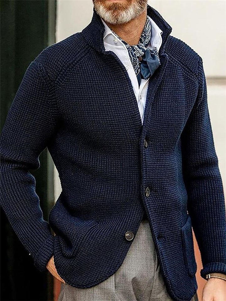 Casual Simple Style Buttons Up Navy Blue Lapel Sweater Cardigan Shopvhs.com