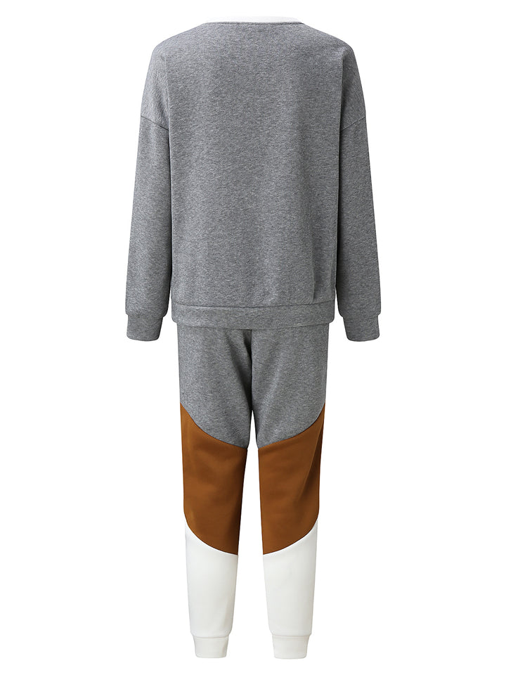 Casual Simple Style Contrast Color Long Sleeve Outfits Tops+Pants Shopvhs.com