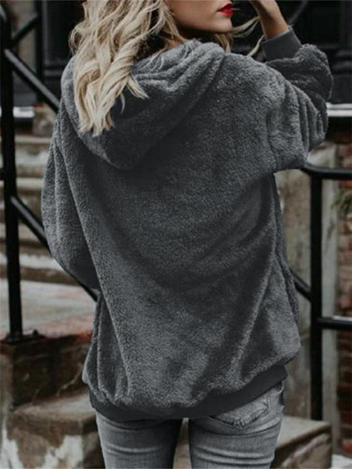 Casual Solid Color Fleece Plush Fur Drawstring Hooded Sweatshirt Shopvhs.com
