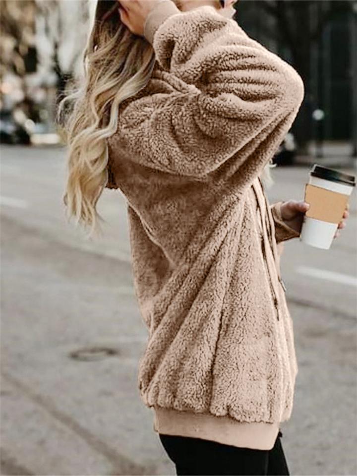 Casual Solid Color Fleece Plush Fur Drawstring Hooded Sweatshirt Shopvhs.com