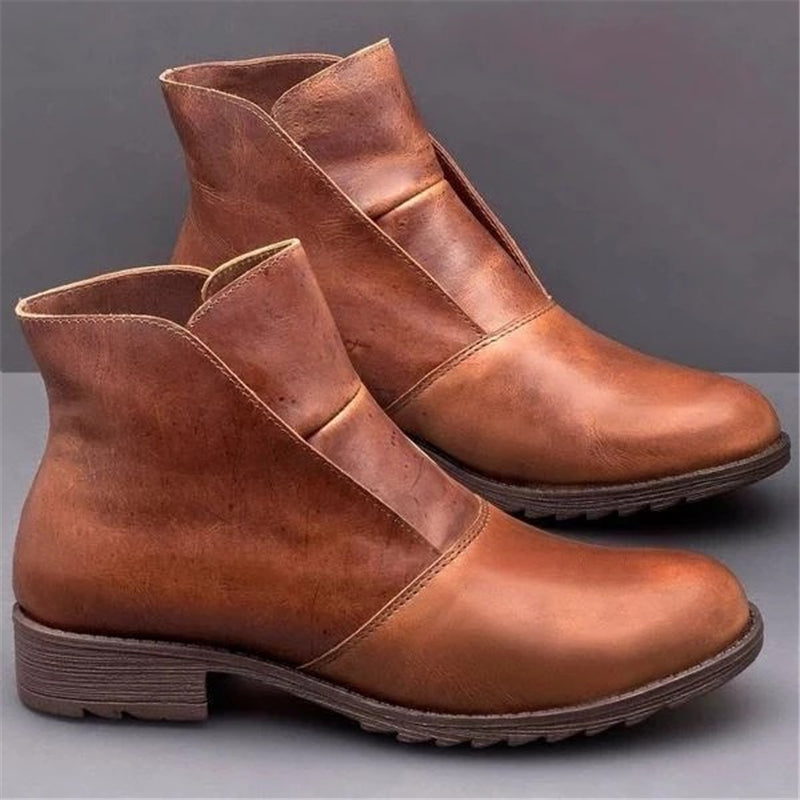 Casual Solid Color Leather Chunky Heel Ankle Boots Shopvhs.com