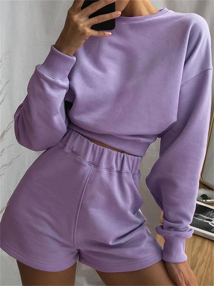 Casual Solid Color Loose Long-Sleeved Shirt Two-Piece Set + Straight Shorts Shopvhs.com