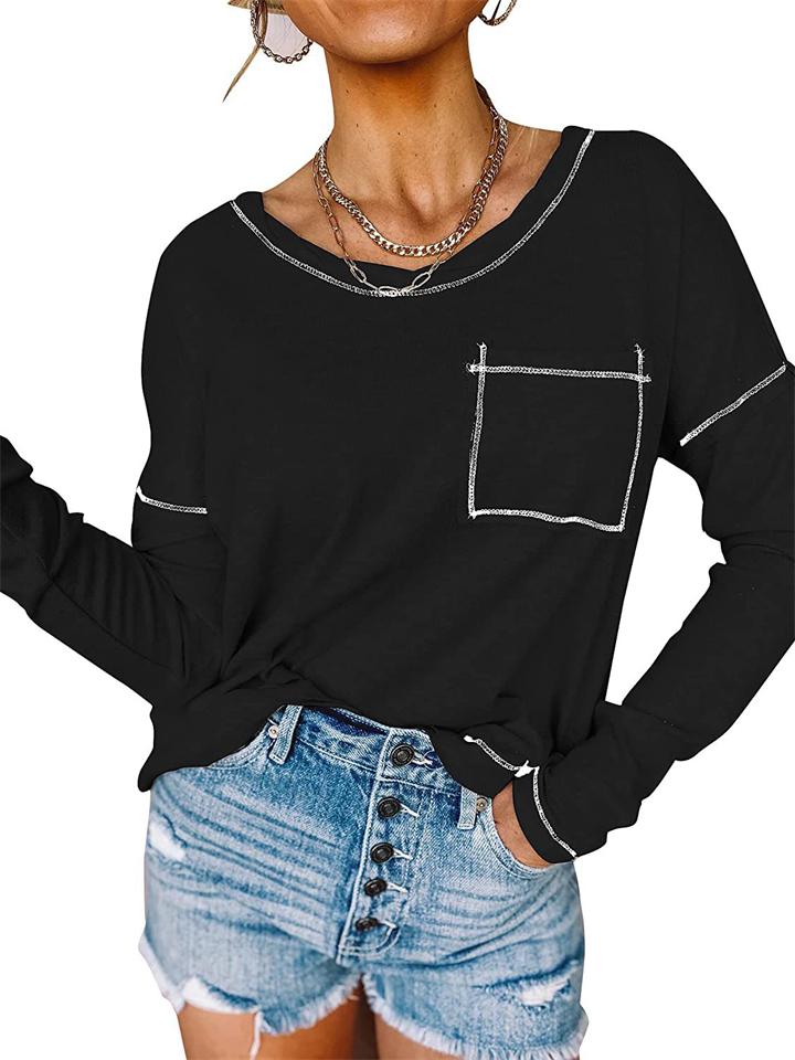Casual Solid Color Loose Pocket Long Sleeve Women'S T-Shirt Shopvhs.com