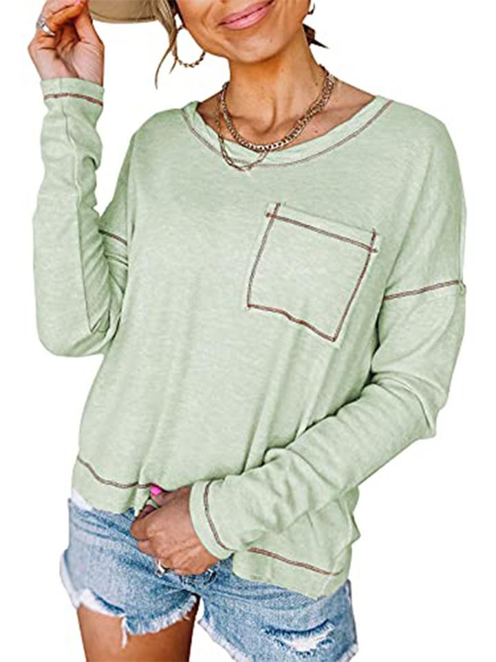 Casual Solid Color Loose Pocket Long Sleeve Women'S T-Shirt Shopvhs.com