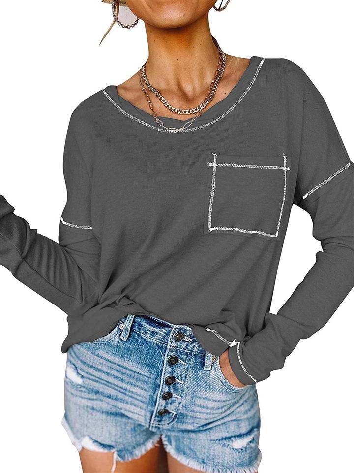 Casual Solid Color Loose Pocket Long Sleeve Women'S T-Shirt Shopvhs.com