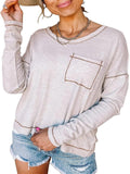 Casual Solid Color Loose Pocket Long Sleeve Women'S T-Shirt Shopvhs.com
