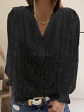 Casual Solid Lace V-Neck Long Sleeve Blouse Shopvhs.com