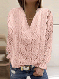 Casual Solid Lace V-Neck Long Sleeve Blouse Shopvhs.com