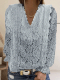 Casual Solid Lace V-Neck Long Sleeve Blouse Shopvhs.com