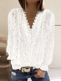 Casual Solid Lace V-Neck Long Sleeve Blouse Shopvhs.com