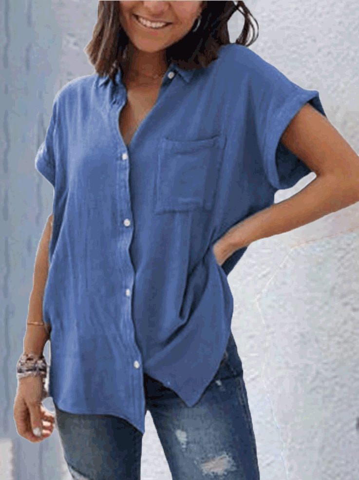 Casual Solid Vintage Short Sleeve Blouse Shopvhs.com