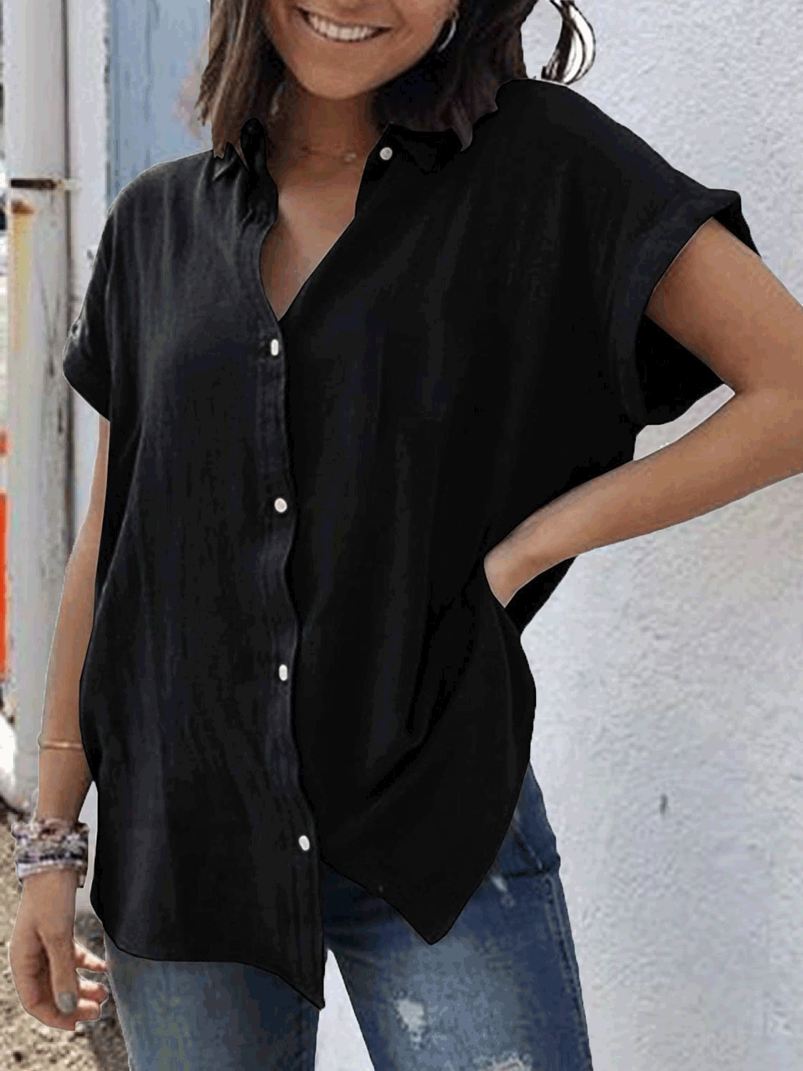 Casual Solid Vintage Short Sleeve Blouse Shopvhs.com
