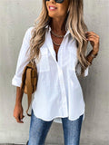 Casual Style Button Fastening Lapel Collar Chest Pocket High-Low Curved Hem Blouse Shopvhs.com