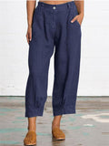 Casual Style Button Solid Color Wide Leg Pocket Cotton Linen Pants Shopvhs.com