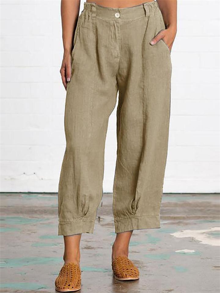 Casual Style Button Solid Color Wide Leg Pocket Cotton Linen Pants Shopvhs.com