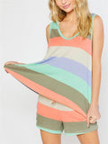 Casual Style Contrast Color 2 Piece Set Round Neck Sleeveless Tank Top + Drawstring Shorts Shopvhs.com