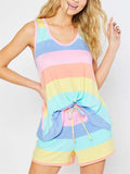 Casual Style Contrast Color 2 Piece Set Round Neck Sleeveless Tank Top + Drawstring Shorts Shopvhs.com