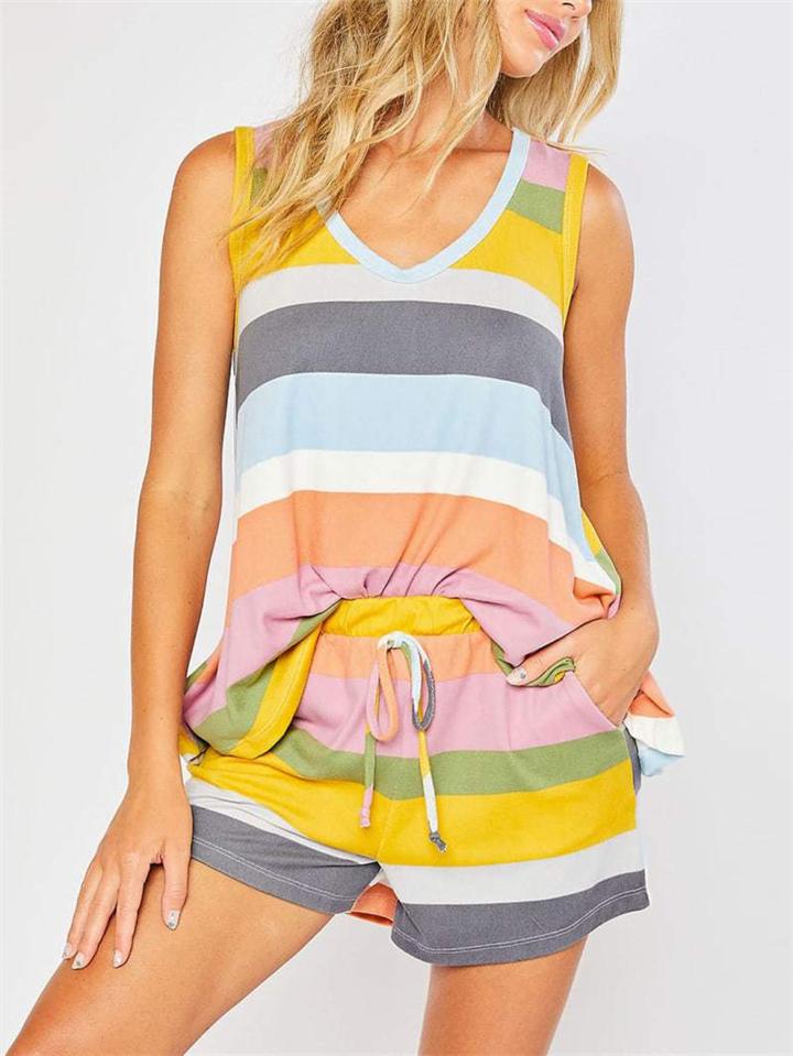 Casual Style Contrast Color 2 Piece Set Round Neck Sleeveless Tank Top + Drawstring Shorts Shopvhs.com
