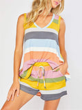 Casual Style Contrast Color 2 Piece Set Round Neck Sleeveless Tank Top + Drawstring Shorts Shopvhs.com