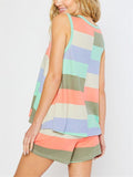 Casual Style Contrast Color 2 Piece Set Round Neck Sleeveless Tank Top + Drawstring Shorts Shopvhs.com
