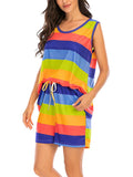 Casual Style Contrast Color 2 Piece Set Round Neck Sleeveless Tank Top + Drawstring Shorts Shopvhs.com