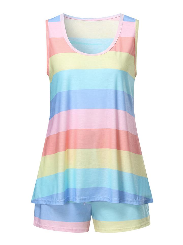 Casual Style Contrast Color 2 Piece Set Round Neck Sleeveless Tank Top + Drawstring Shorts Shopvhs.com