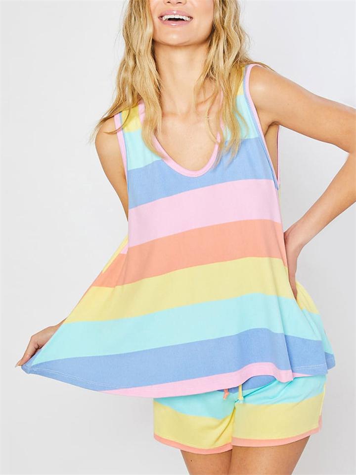 Casual Style Contrast Color 2 Piece Set Round Neck Sleeveless Tank Top + Drawstring Shorts Shopvhs.com