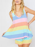 Casual Style Contrast Color 2 Piece Set Round Neck Sleeveless Tank Top + Drawstring Shorts Shopvhs.com