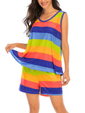 Casual Style Contrast Color 2 Piece Set Round Neck Sleeveless Tank Top + Drawstring Shorts Shopvhs.com