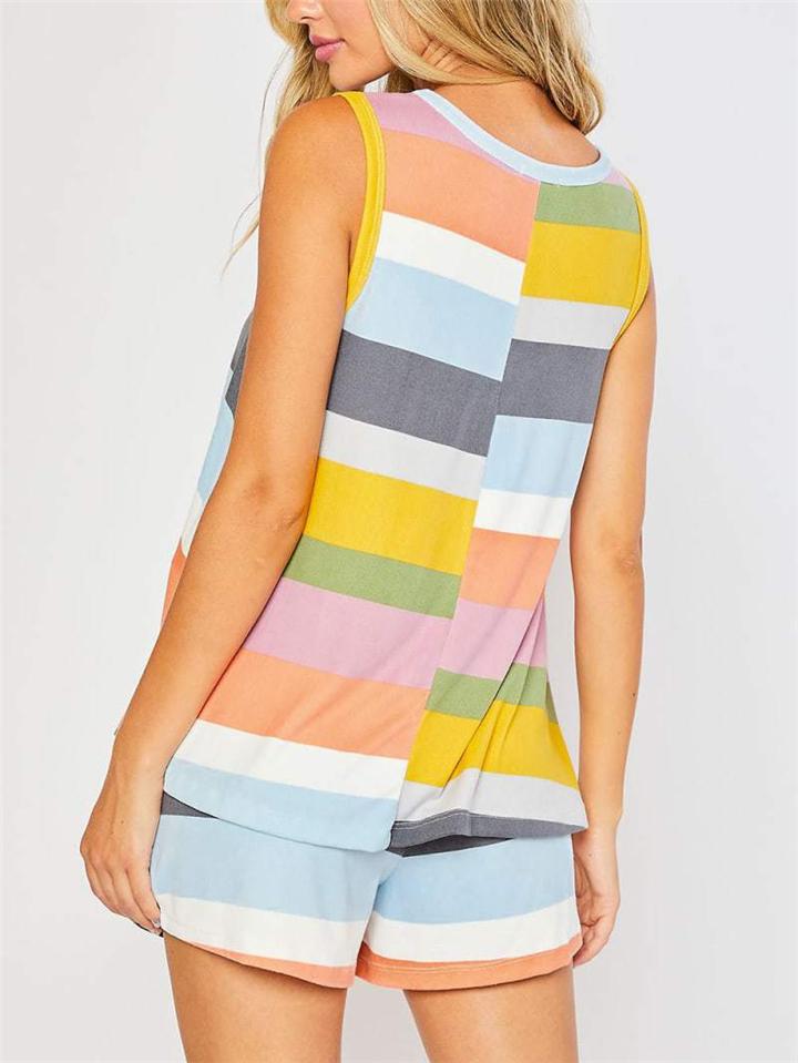 Casual Style Contrast Color 2 Piece Set Round Neck Sleeveless Tank Top + Drawstring Shorts Shopvhs.com