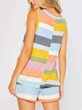 Casual Style Contrast Color 2 Piece Set Round Neck Sleeveless Tank Top + Drawstring Shorts Shopvhs.com