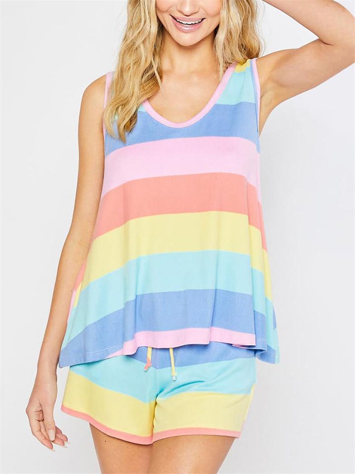 Casual Style Contrast Color 2 Piece Set Round Neck Sleeveless Tank Top + Drawstring Shorts Shopvhs.com