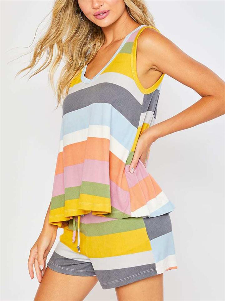 Casual Style Contrast Color 2 Piece Set Round Neck Sleeveless Tank Top + Drawstring Shorts Shopvhs.com