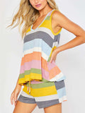 Casual Style Contrast Color 2 Piece Set Round Neck Sleeveless Tank Top + Drawstring Shorts Shopvhs.com