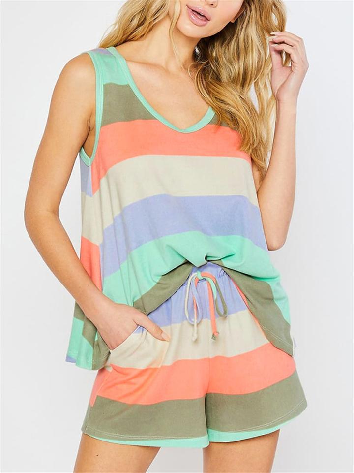 Casual Style Contrast Color 2 Piece Set Round Neck Sleeveless Tank Top + Drawstring Shorts Shopvhs.com