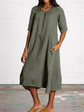 Casual Style Cotton Linen Half Sleeve Pocket Midi Dress Shopvhs.com