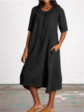 Casual Style Cotton Linen Half Sleeve Pocket Midi Dress Shopvhs.com