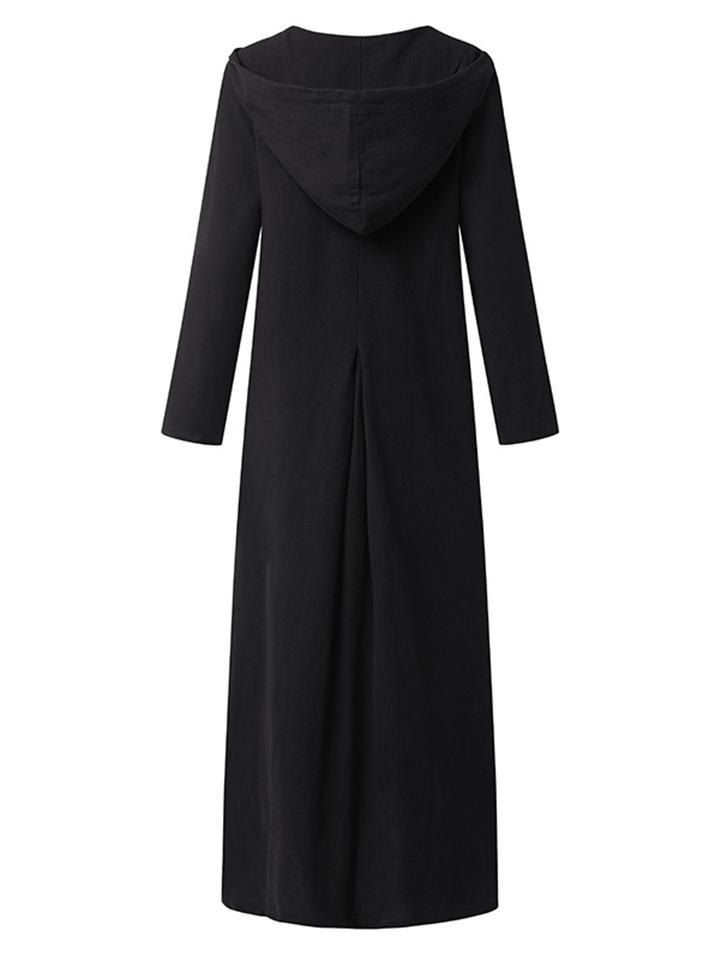 Casual Style Cotton Linen Solid Color Pocket Hooded Maxi Dress Shopvhs.com