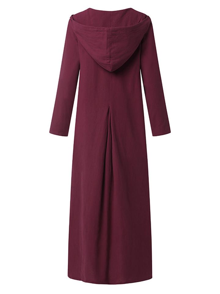 Casual Style Cotton Linen Solid Color Pocket Hooded Maxi Dress Shopvhs.com