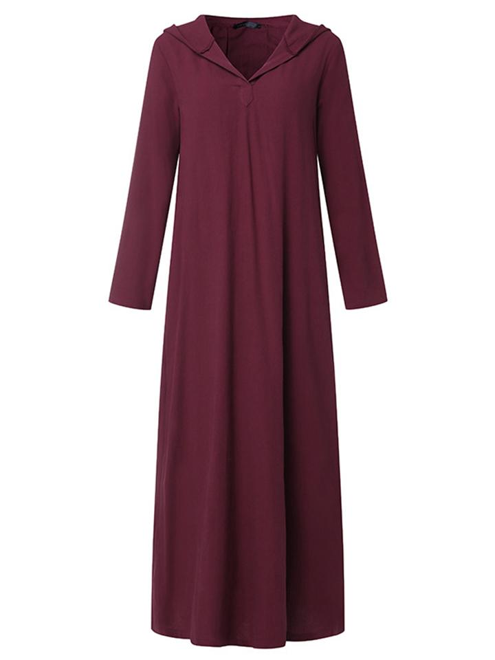 Casual Style Cotton Linen Solid Color Pocket Hooded Maxi Dress Shopvhs.com