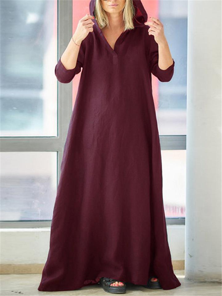 Casual Style Cotton Linen Solid Color Pocket Hooded Maxi Dress Shopvhs.com
