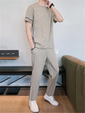 Casual Style Crew Neck Striped Detailing 2 Piece Set T-Shirt + Tapered Fit Pocket Pants Shopvhs.com