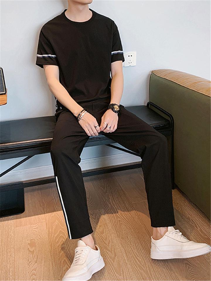 Casual Style Crew Neck Striped Detailing 2 Piece Set T-Shirt + Tapered Fit Pocket Pants Shopvhs.com