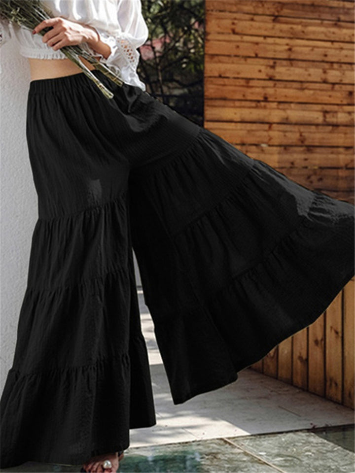 Casual Style Elastic Waistband Pleated Detailing Wide-Leg Full-Length Culottes Shopvhs.com