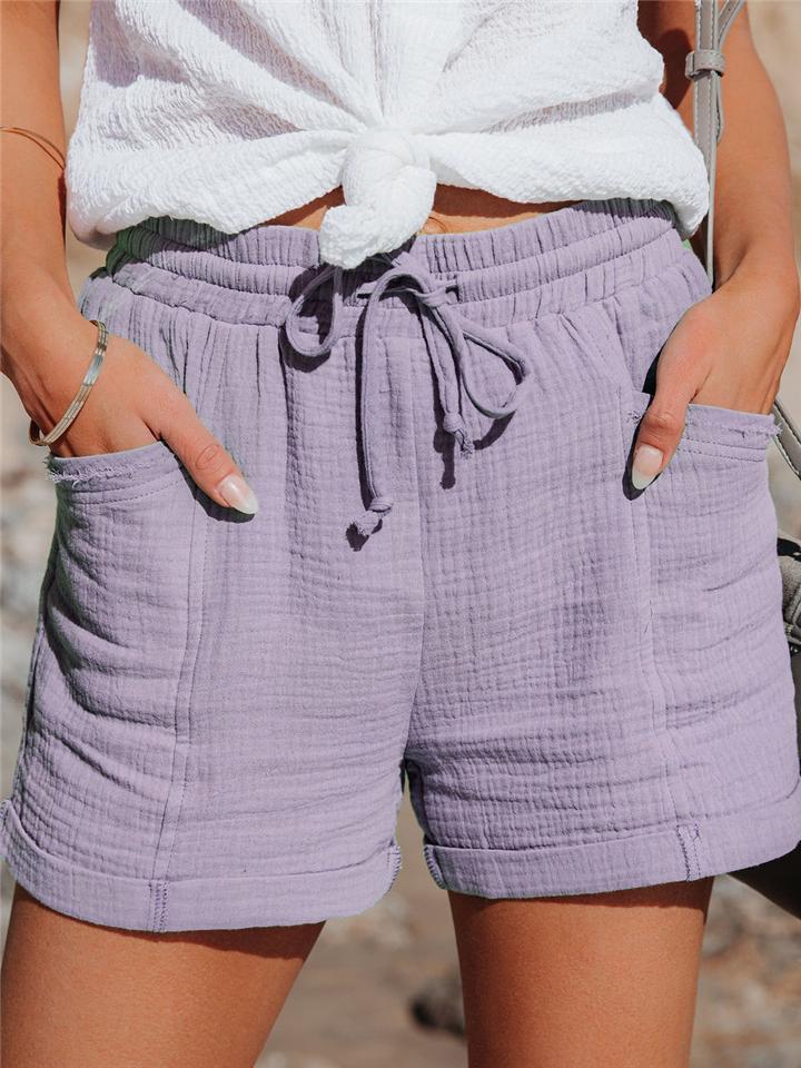 Casual Style Elasticated Drawstring Waistband Cotton-Linen Thigh-Length Pocket Shorts Shopvhs.com