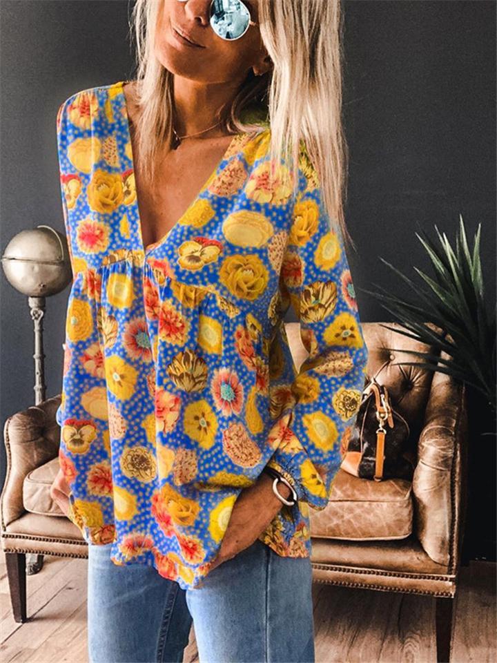Casual Style Floral Printed V Neck Long Sleeve Shirt & Tops Shopvhs.com