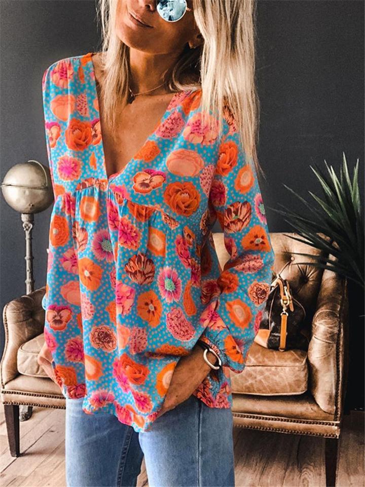 Casual Style Floral Printed V Neck Long Sleeve Shirt & Tops Shopvhs.com