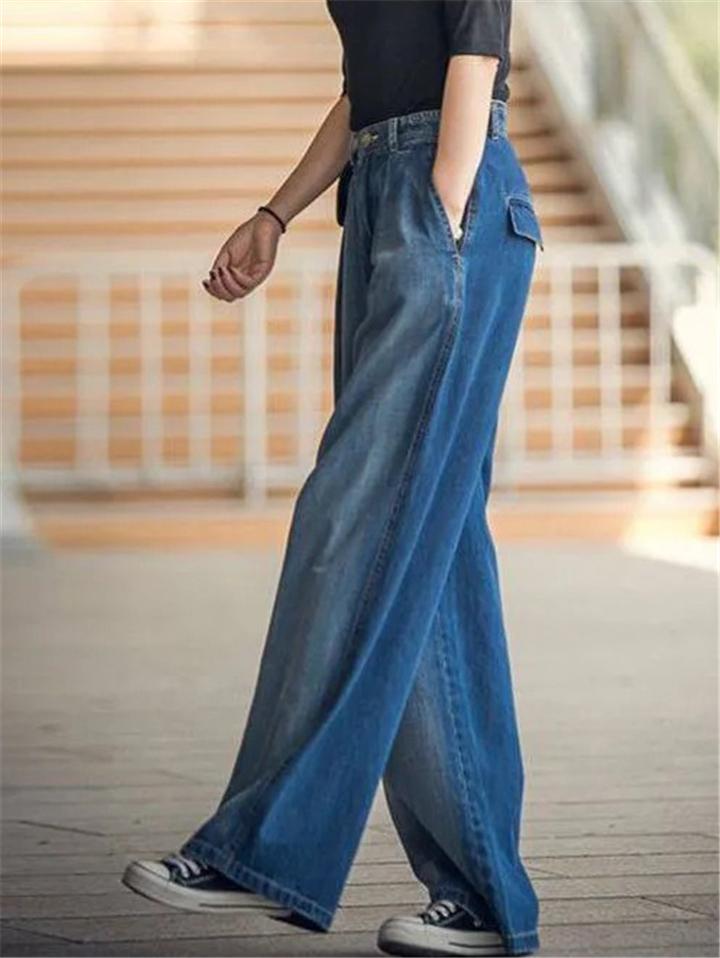 Casual Style High-Rise Contrast Stitching Stonewashed Effect Wide-Leg Pocket Jeans Shopvhs.com